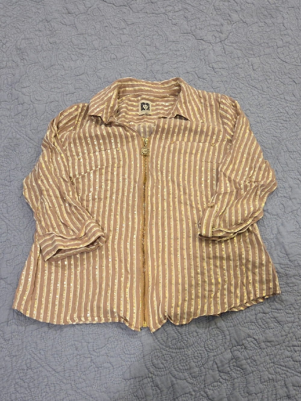 Anne Klein Tan and Gold Striped Zip-Front Blouse Size S, New W/O Tags!